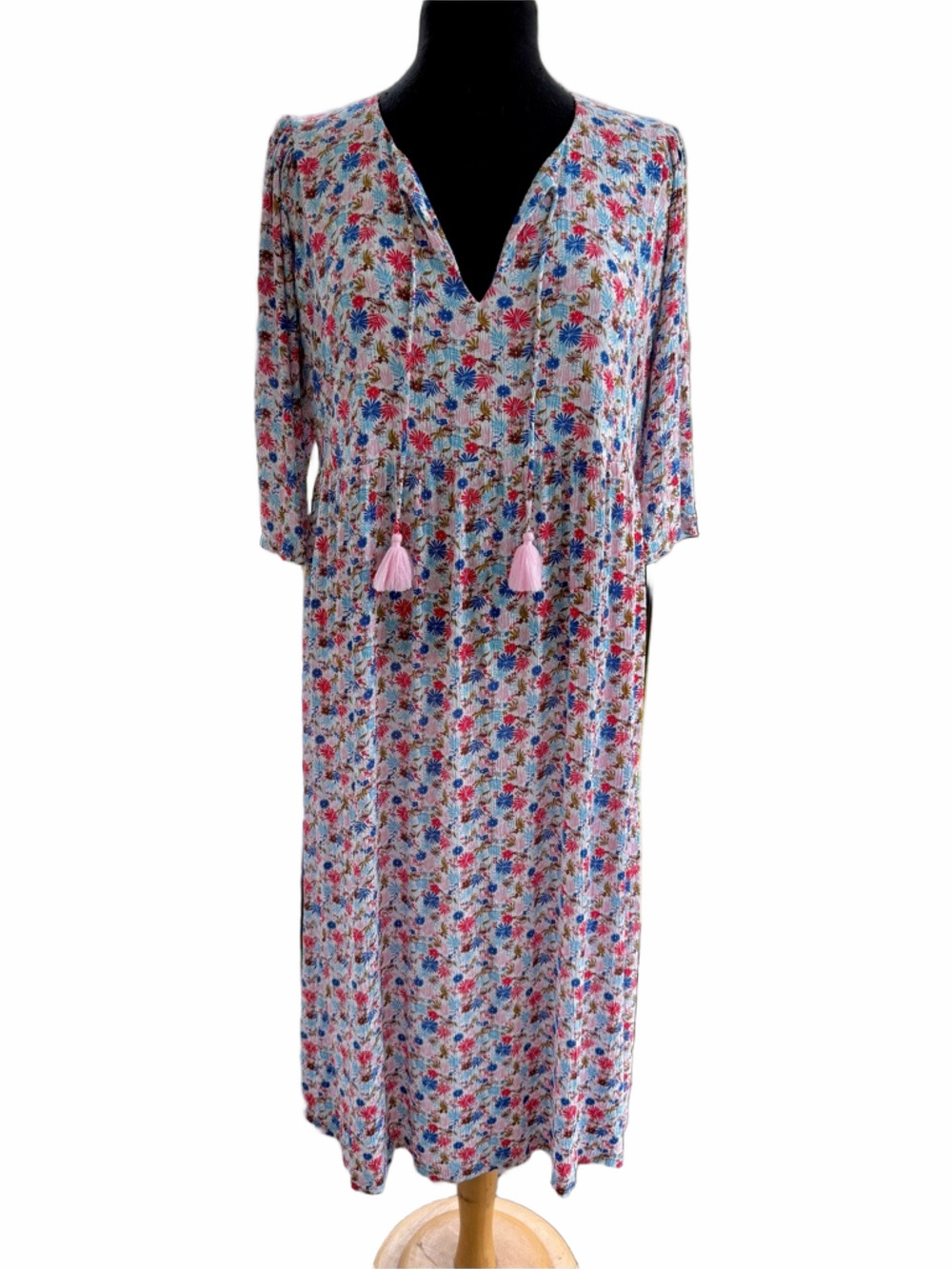 Boden Empire-waist Midi Dress Enchanting Floral Tassel Tie Sz 10 White Blue Red